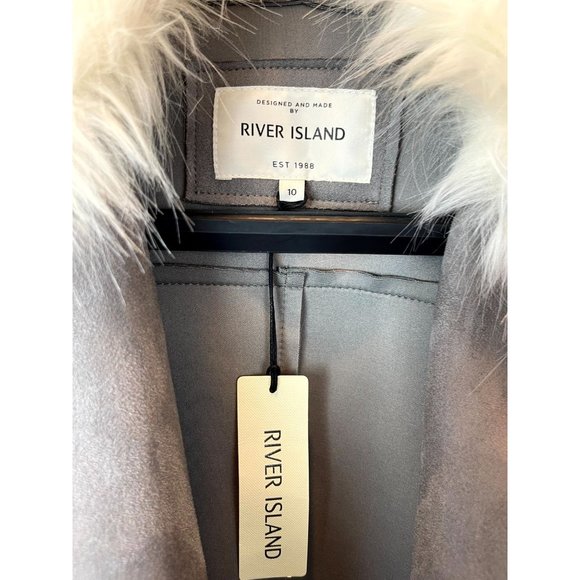 River Island Womens Suedette Coat Faux Fur Collar Double Breasted Gray Size 10 - Picture 9 of 11